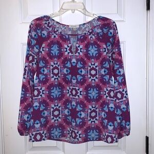 Cuddy Purple & Blue Geometric Long Sleeve Keyhole Blouse